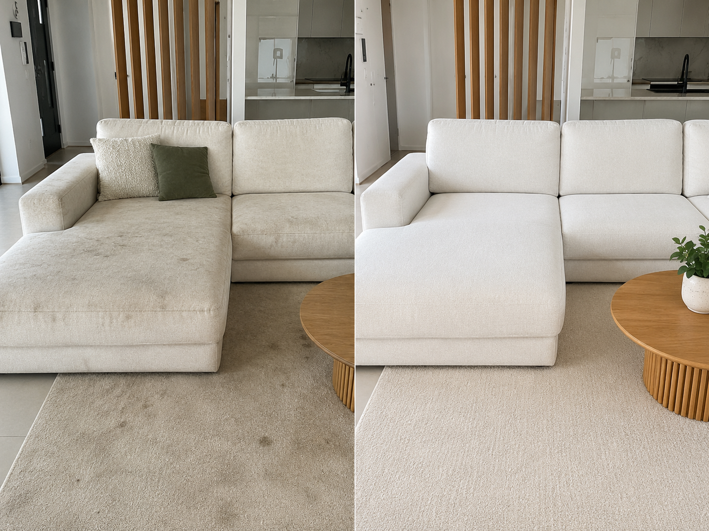 Sofa and carpet before and after cleaning